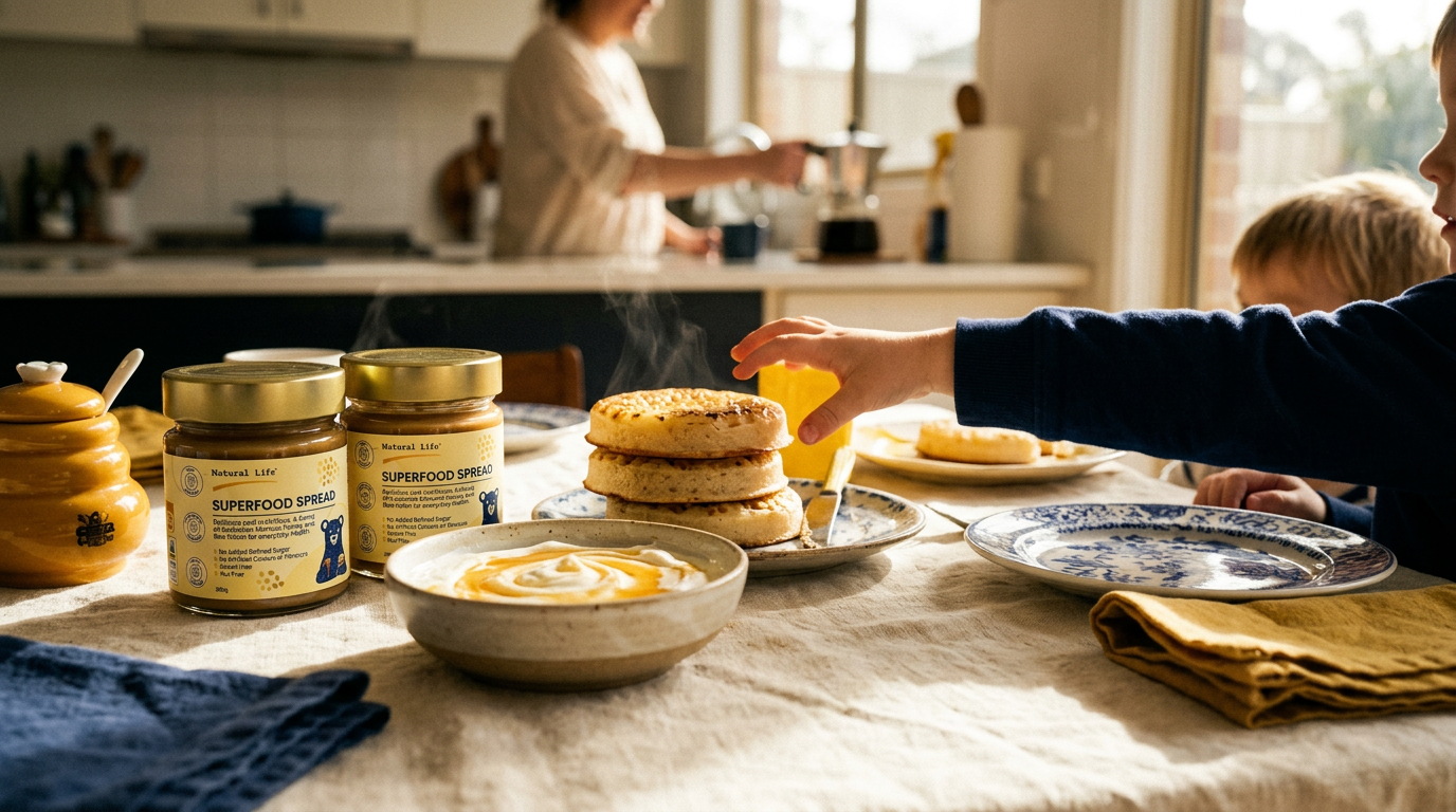 Sunny breakfast table with two jars of Superfood Spread, crumpets and yoghurt as children reach in