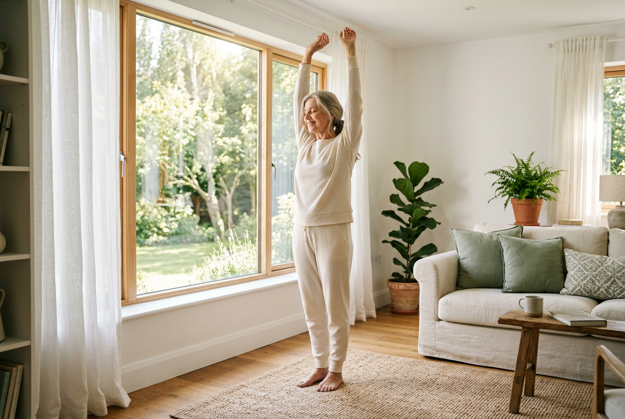 Woman stretching comfortably by a sunny window in the morning
