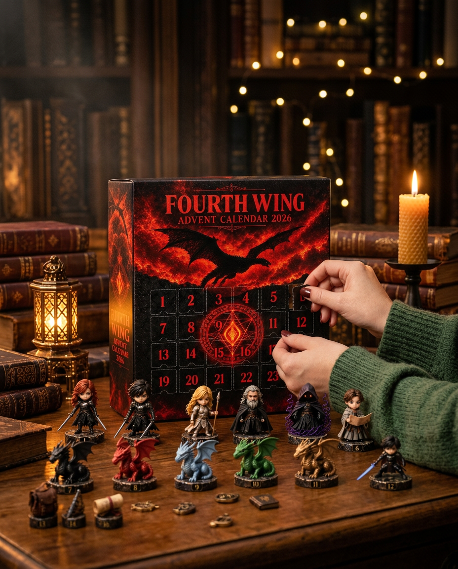 Hands opening a door of the dragon advent calendar by candlelight on a wooden library desk