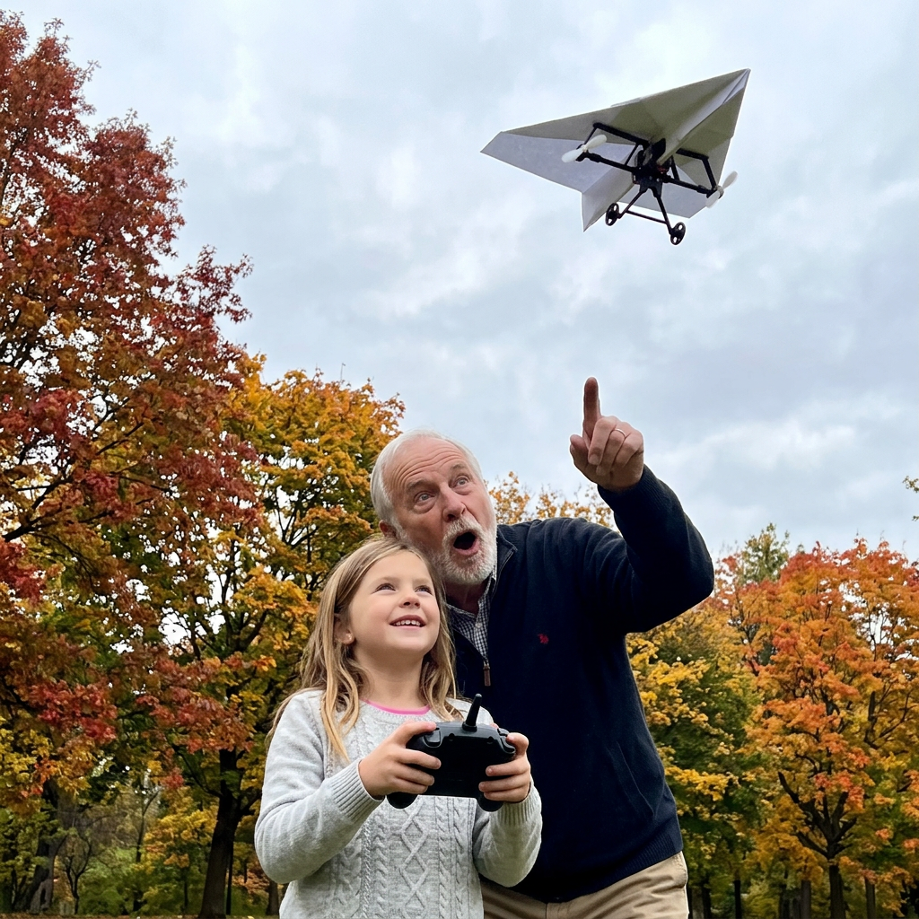 Grandfather and granddaughter flying the paper plane in an autumn park