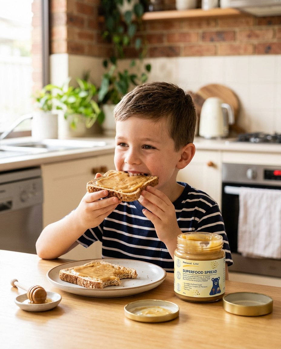 Young boy at the breakfast table biting toast spread with Superfood Spread
