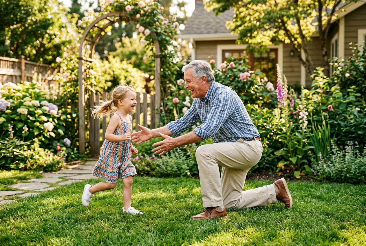 Grandfather kneeling on the lawn playing with his granddaughter