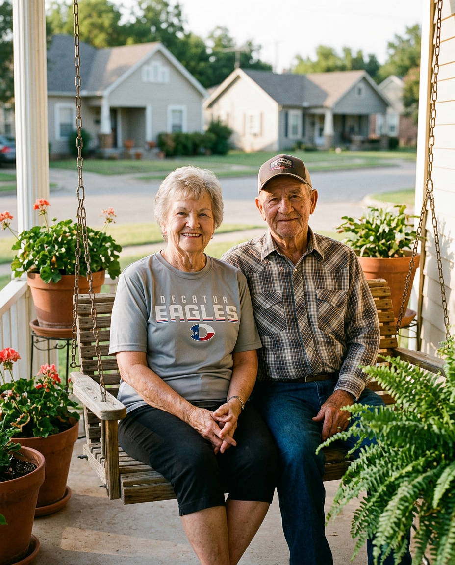 Grandparents on a front porch swing in Eagles gear
