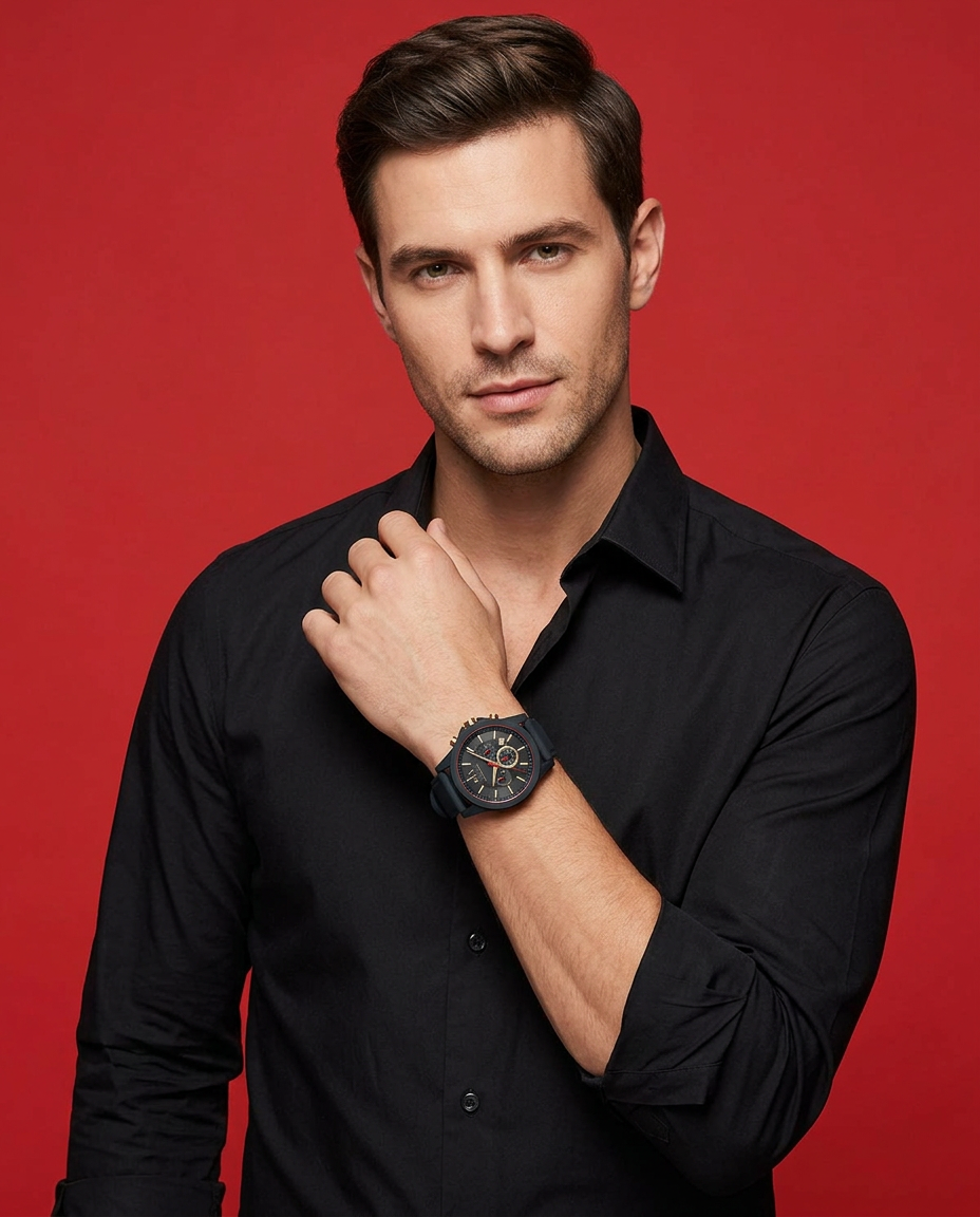 Hombre con camisa negra luciendo un reloj cronógrafo Armani Exchange sobre fondo rojo