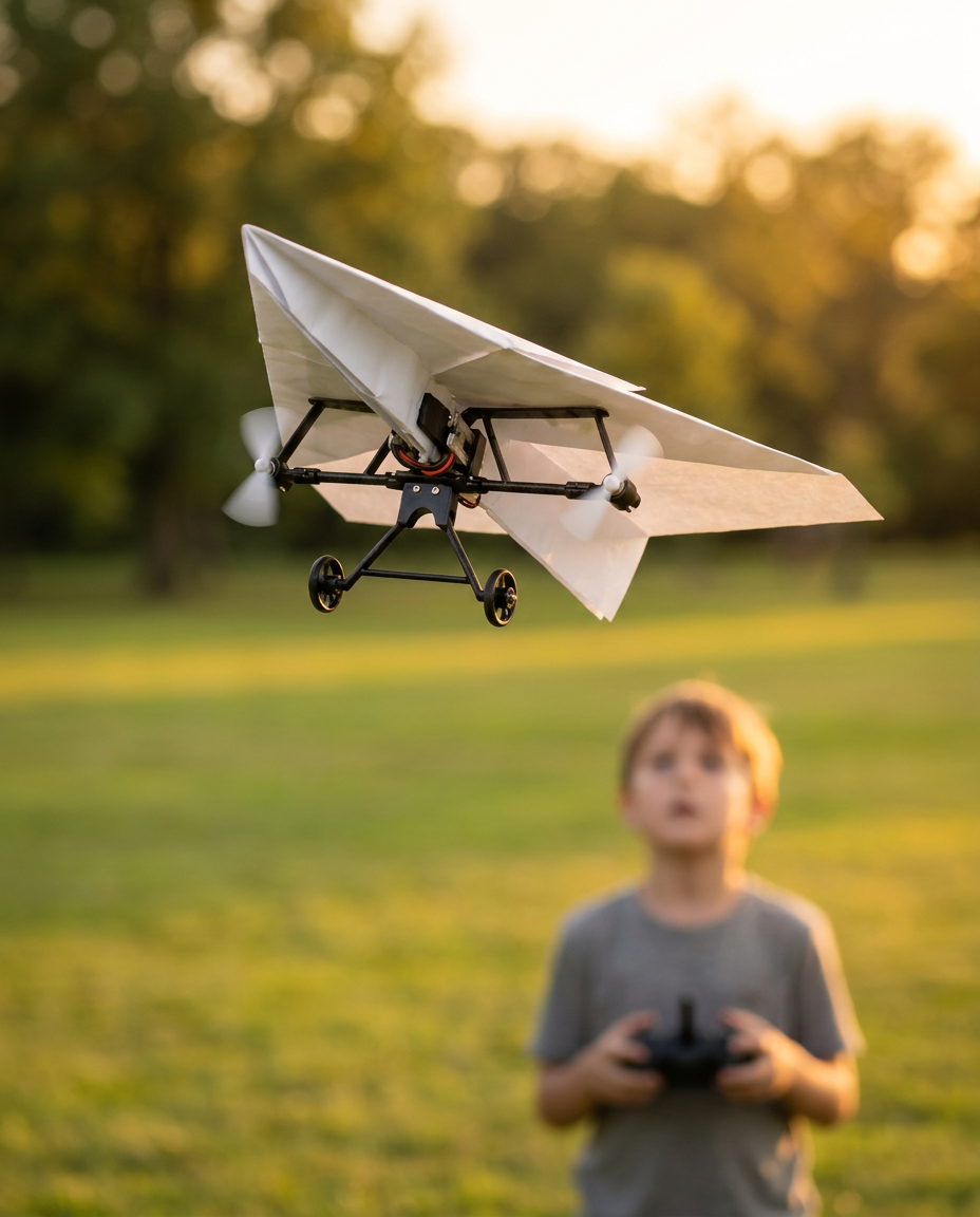 Paper airplane with twin propellers climbing over a park at golden hour while a child steers with the remote