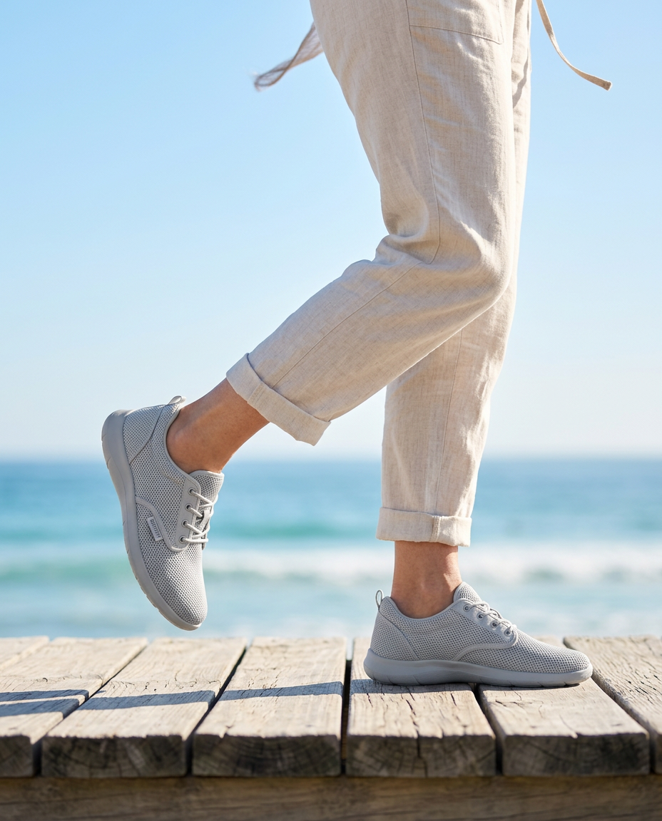 Mid-stride on a sunny seaside boardwalk in grey OrthoFit Wide Toe Box knit sneakers