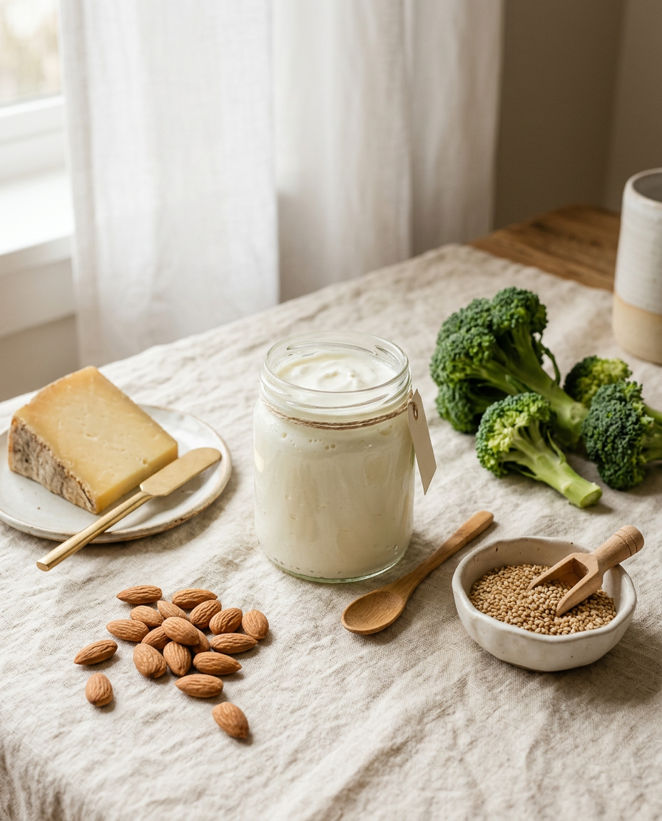 Calcium-rich foods: yogurt, cheese, almonds, sesame seeds and broccoli