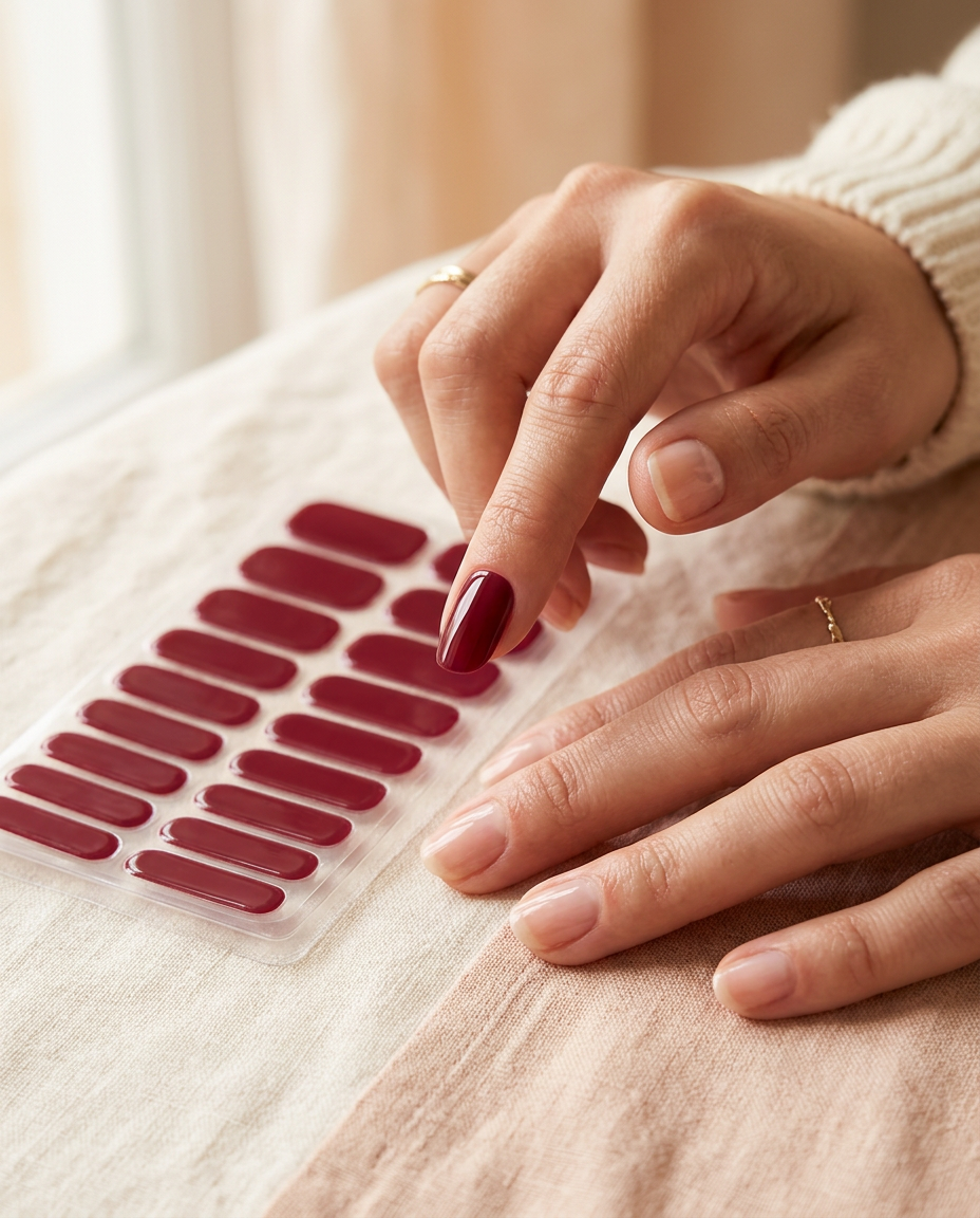 Eine Hand drückt einen glänzenden burgunderroten Gel-Nagelsticker auf einen Fingernagel.
