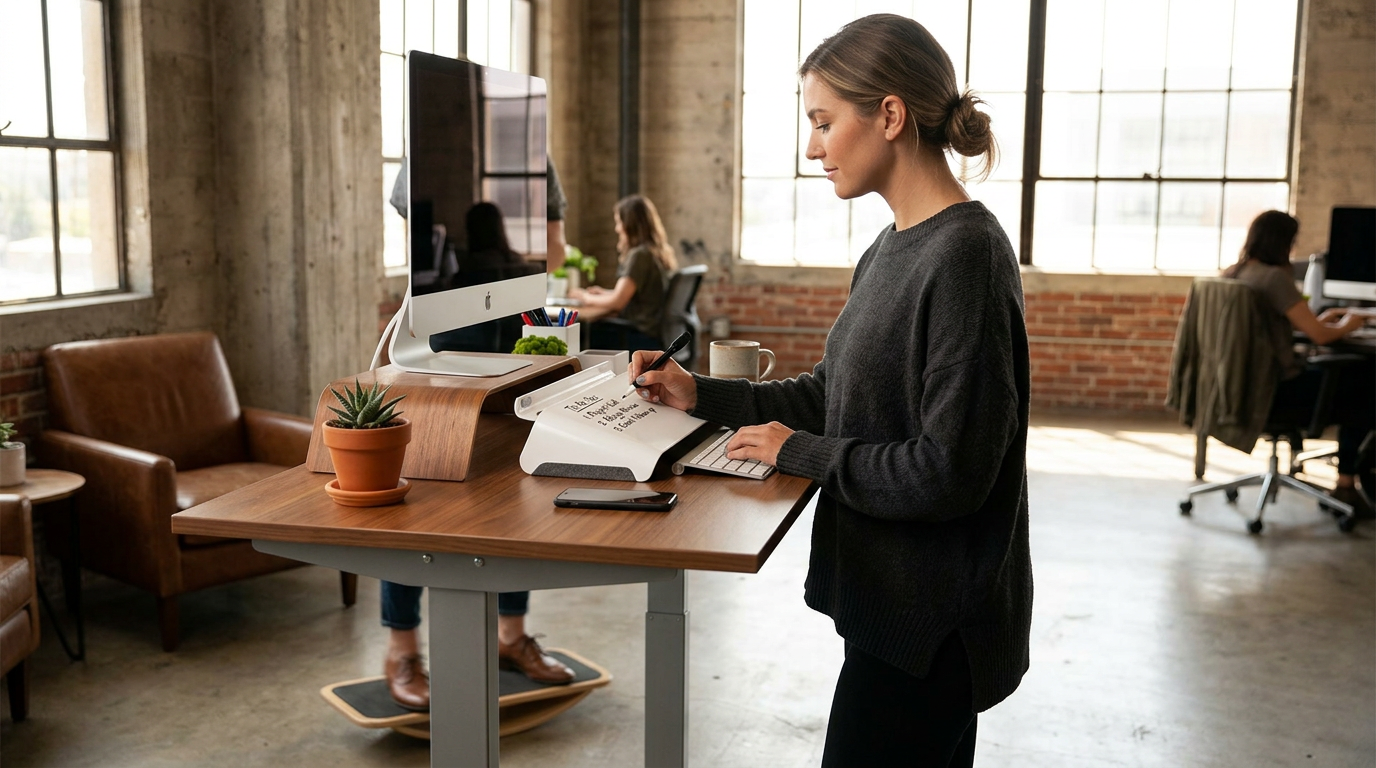 A sunlit brick loft office where a woman writes her to-do list on a Slope whiteboard at her standing desk while a colleague behind her works on a FluidStance balance board