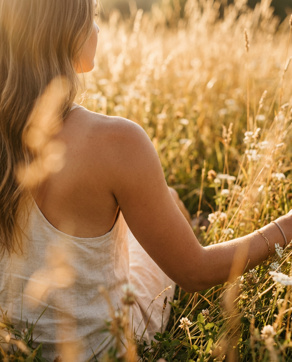 A woman's shoulder bathed in golden-hour sunlight in a meadow