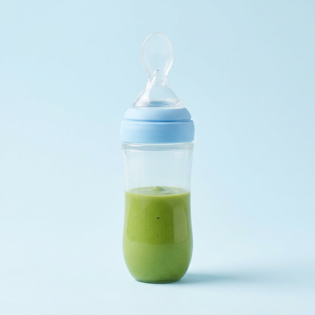 Blue squeeze spoon feeder filled with pea puree