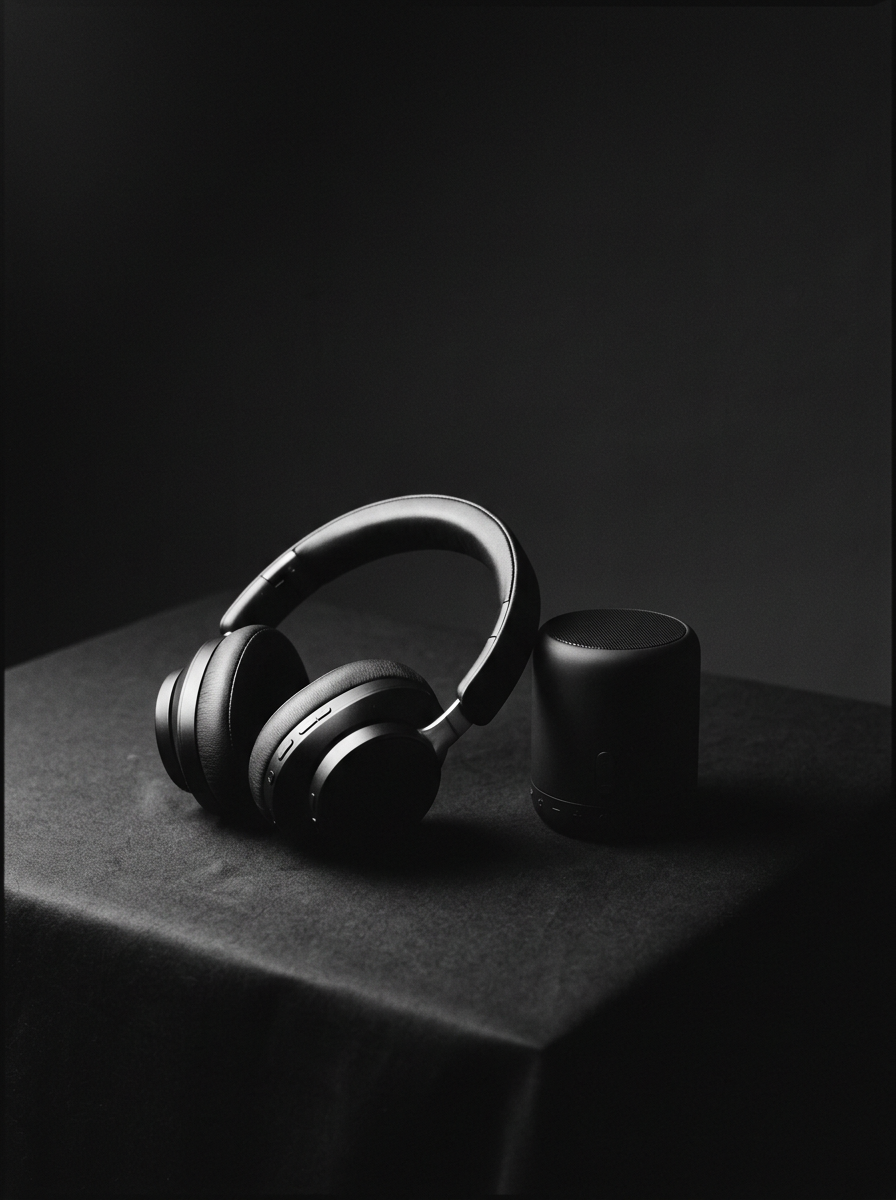 Wireless headphones and a bluetooth speaker in a dark studio