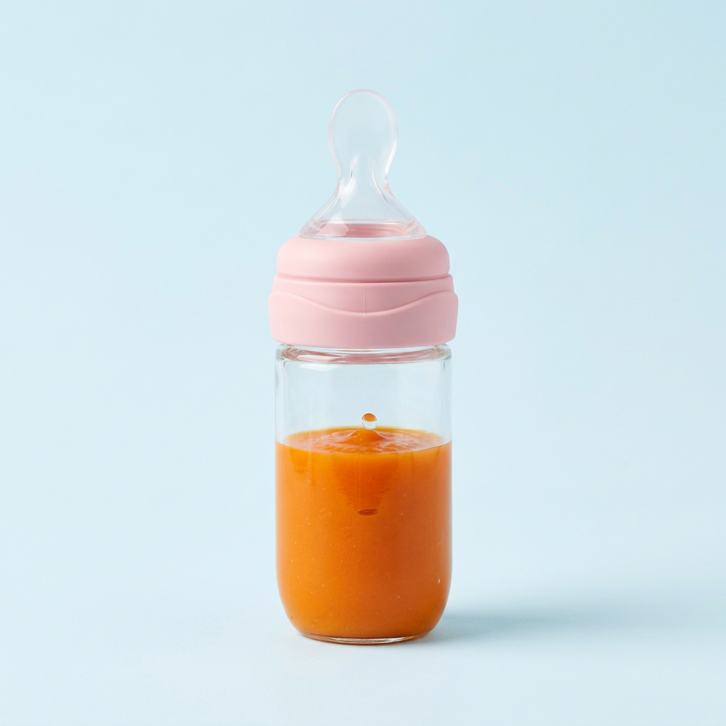 Pink squeeze spoon feeder filled with carrot puree