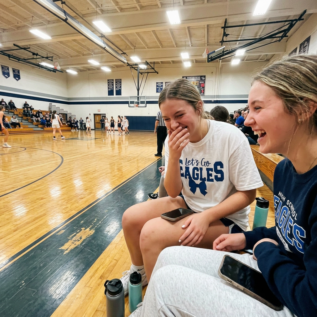 Two friends laughing courtside at an Eagles basketball game