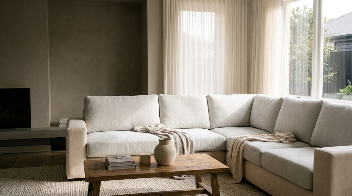 Living room couch fitted with cream Performance+ chenille covers in natural light