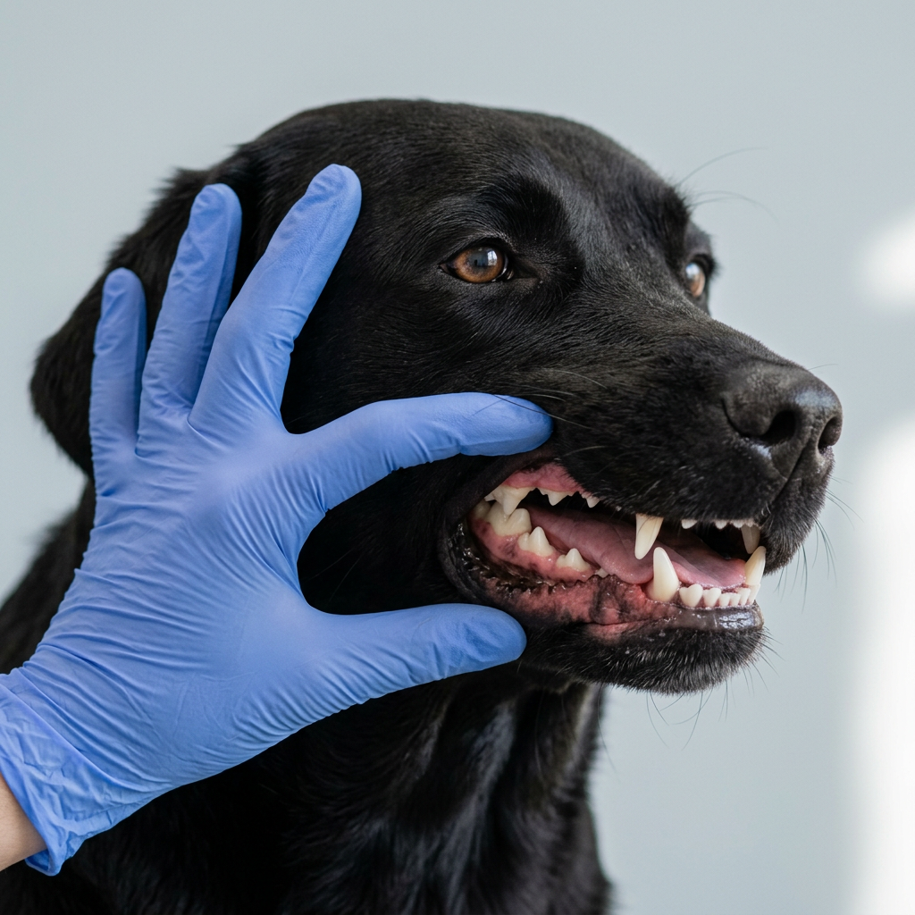Labrador nero con denti bianchi e gengive calme