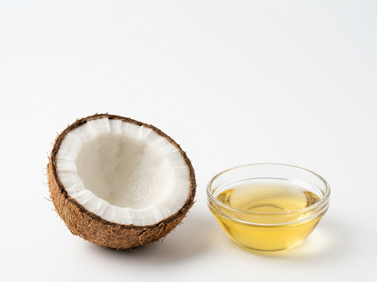 Halved coconut next to a dish of MCT oil