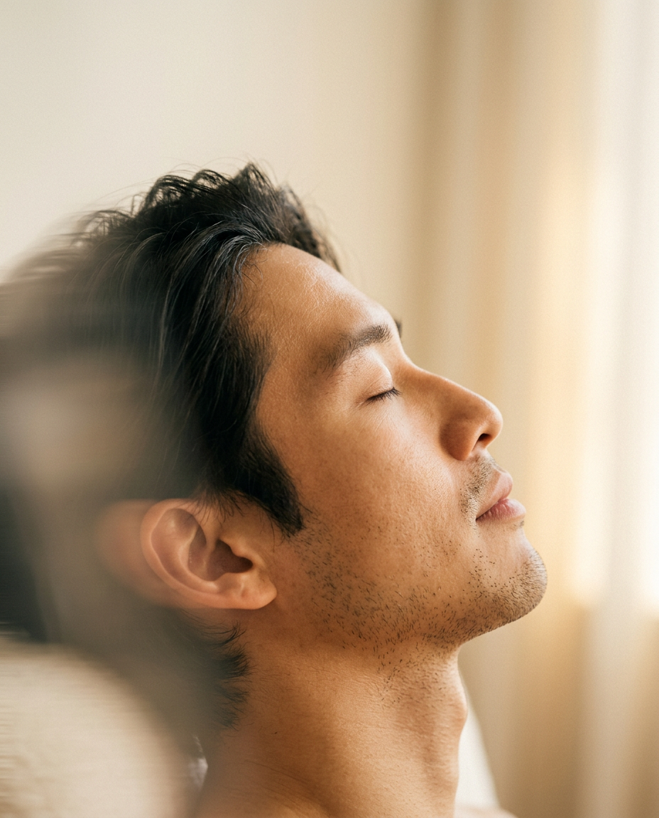 Asian man with his eyes closed, calm and rested in warm morning light