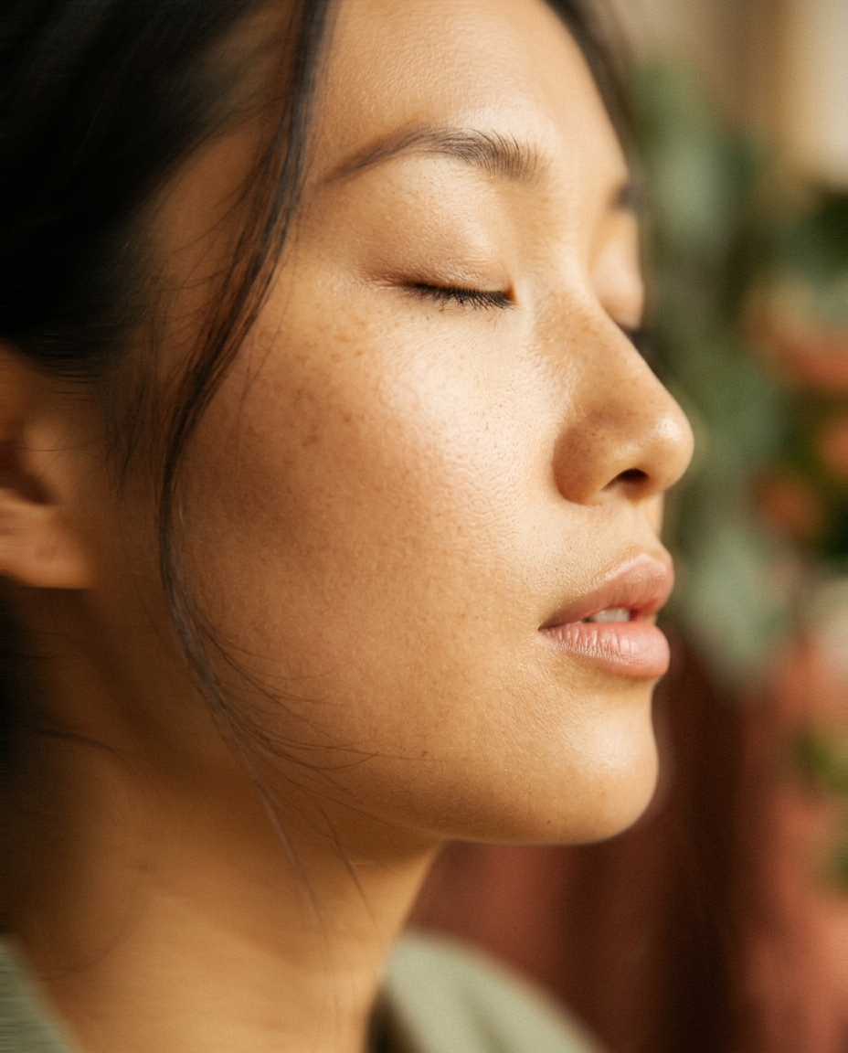 Close-up of an Asian woman with eyes closed, her skin lit by warm, soft daylight
