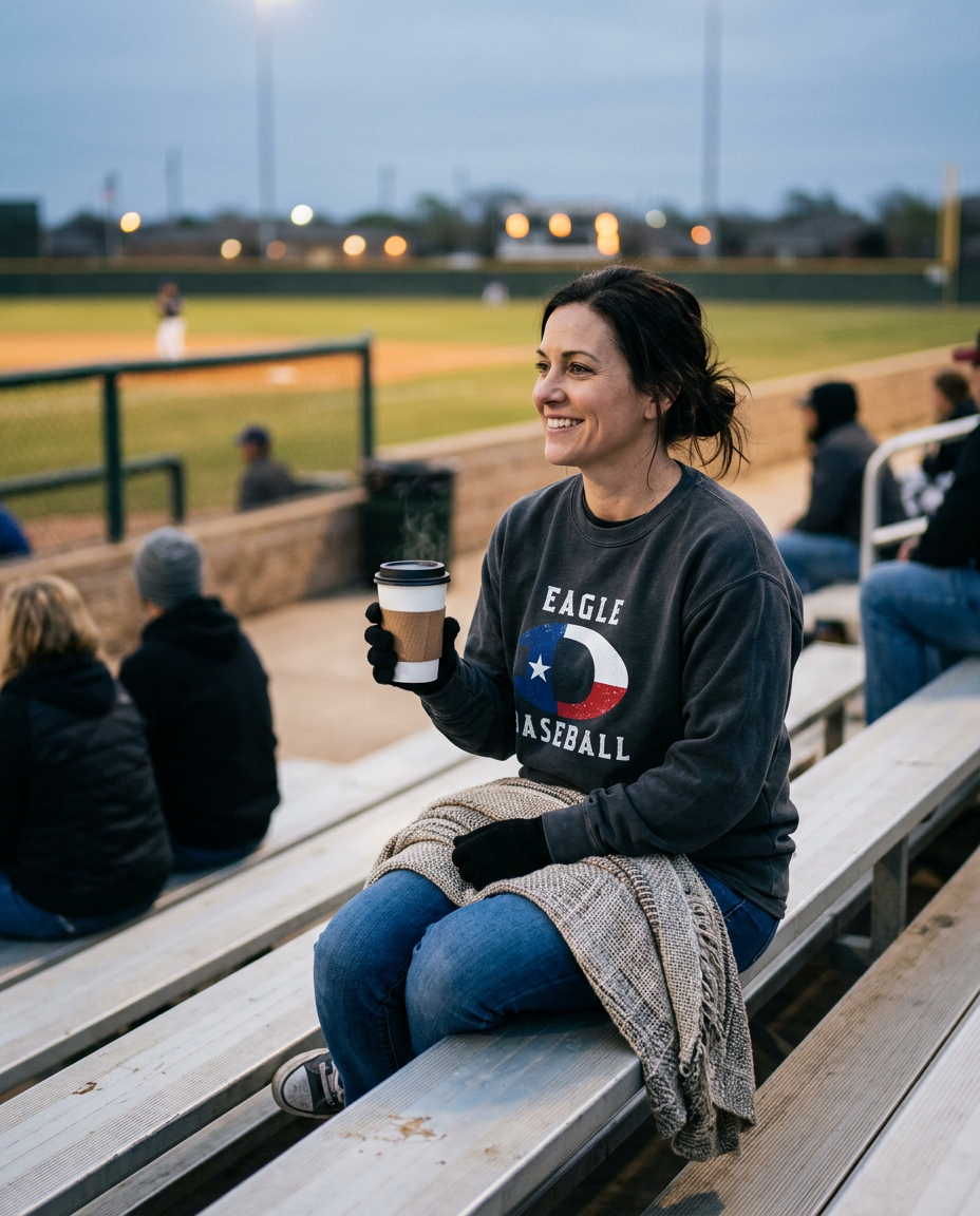 Fan in an Eagles sweatshirt with coffee in the baseball bleachers