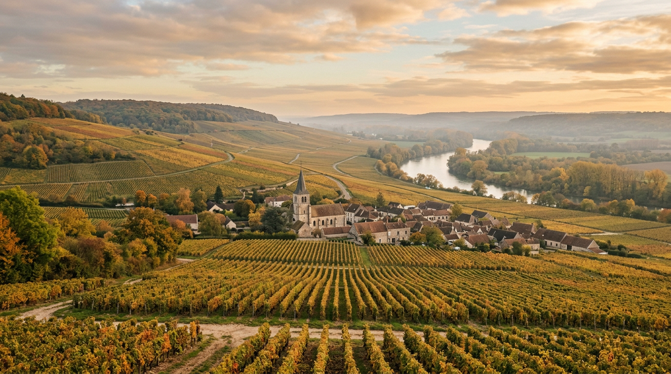 Hillside vineyards sloping down towards the river Marne, with a small stone village among the vines