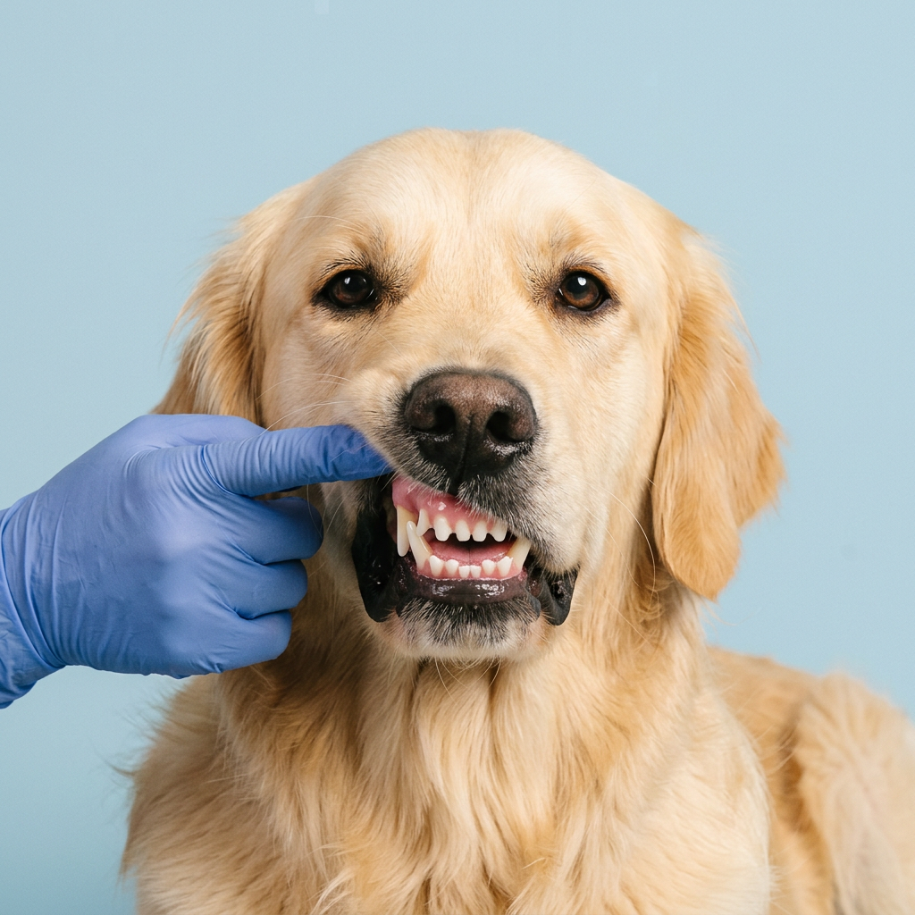 Dopo: lo stesso golden retriever con denti più bianchi e gengive rosa