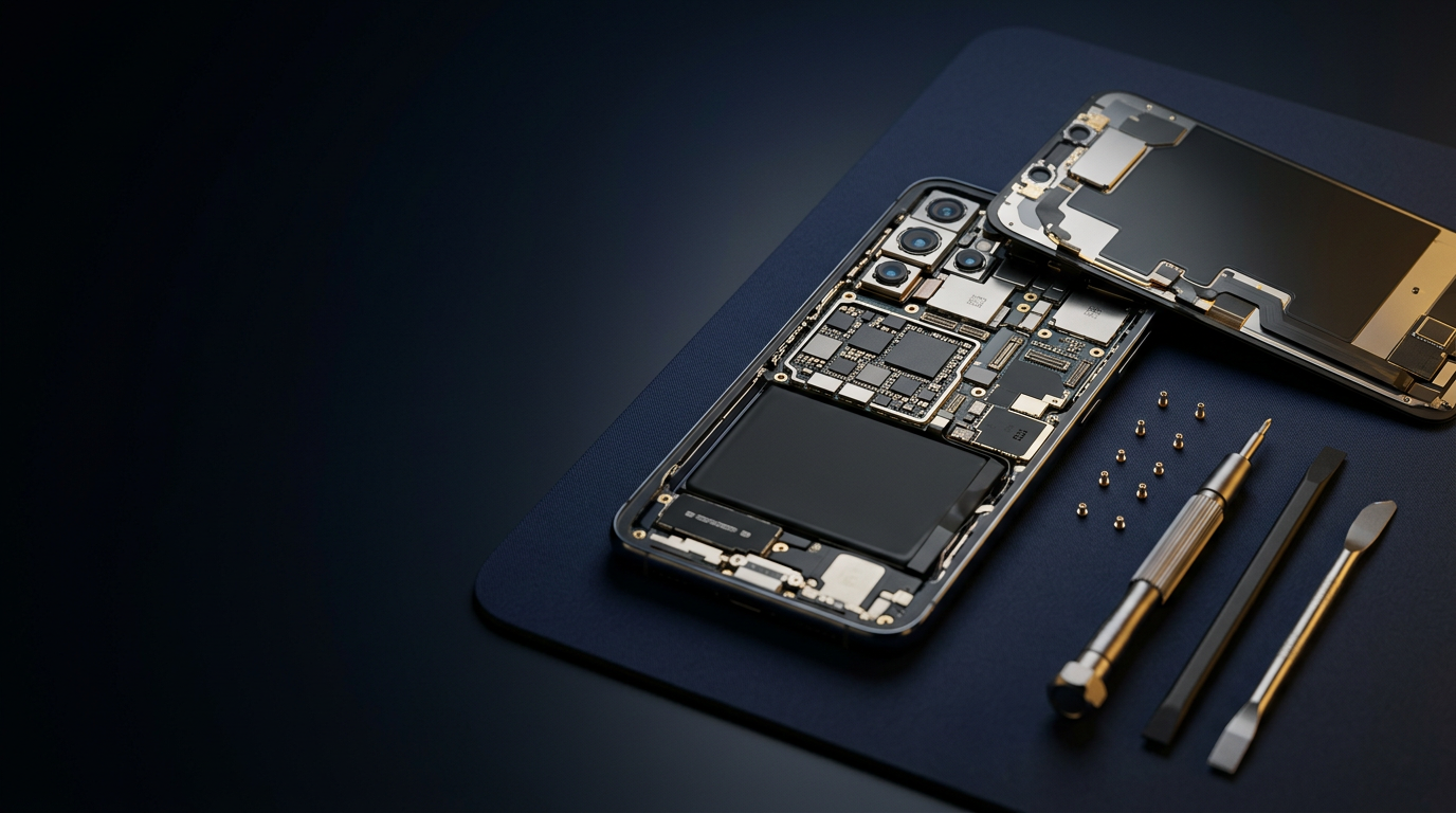 Smartphone opened for repair with its OLED display, logic board and battery laid out beside precision tools