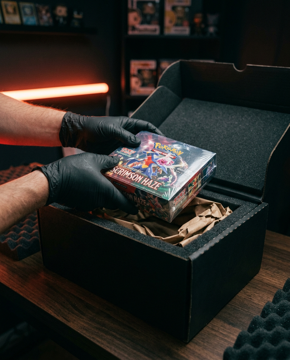 A sealed trading card box being packed into a padded shipping box