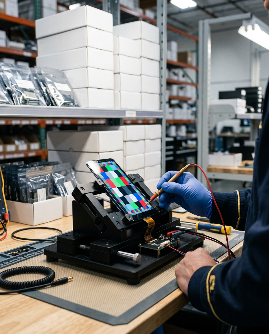 Technician quality-testing a replacement smartphone display