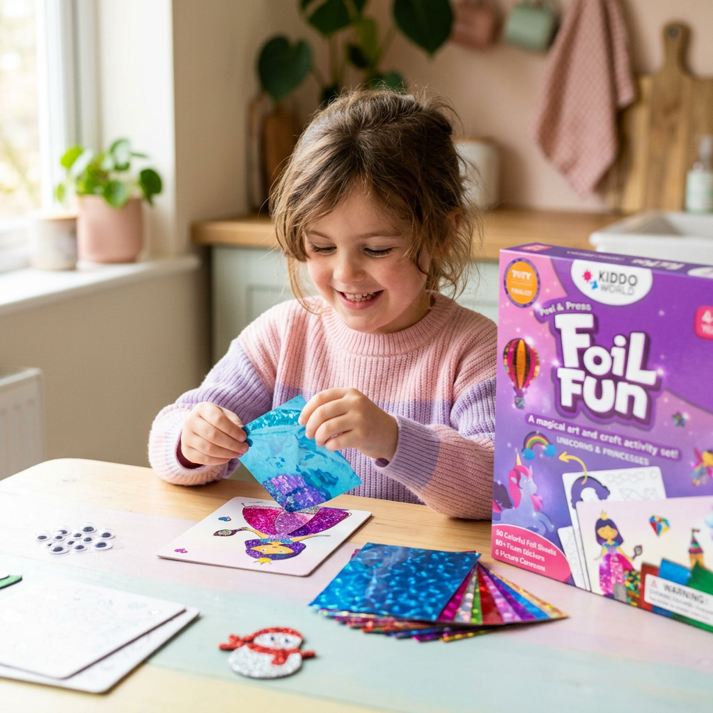 Usměvavá holčička u stolu odlepuje třpytivou fólii z obrázku princezny ze sady Foil Fun