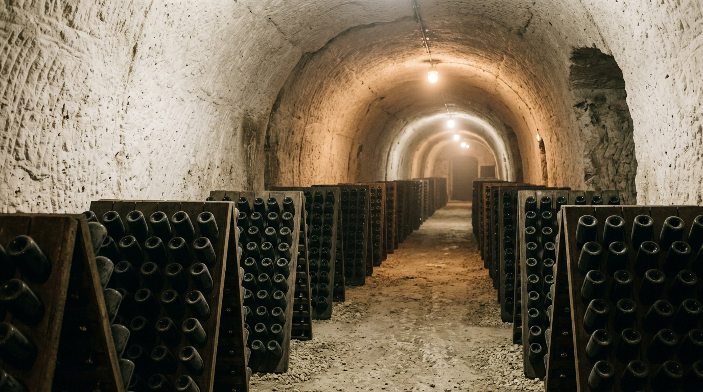 Champagne bottles resting neck-down in wooden riddling racks inside a lamp-lit chalk cellar