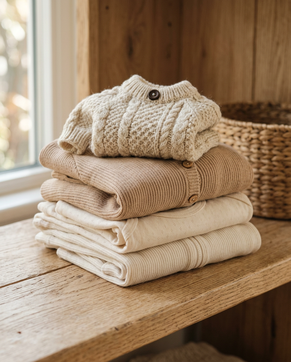 Folded soft cotton children's clothes and a small knitted pet sweater on a wooden shelf