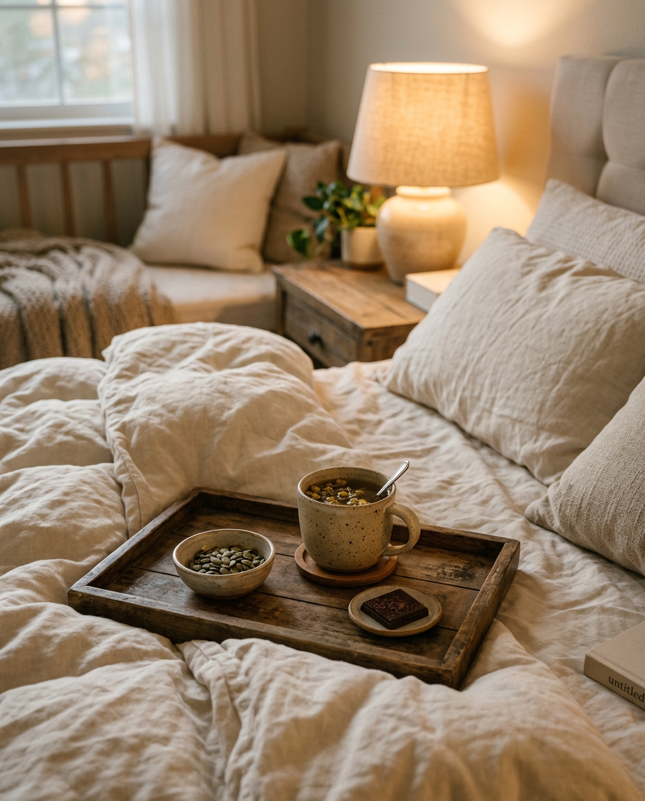 Linen bedsheets with chamomile tea, pumpkin seeds and dark chocolate in warm lamp light