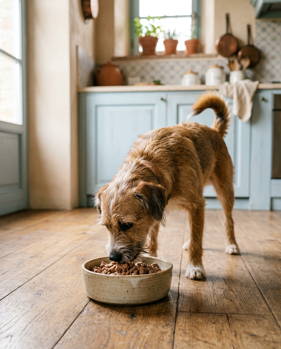 Cane che mangia con gusto la sua pappa dalla ciotola