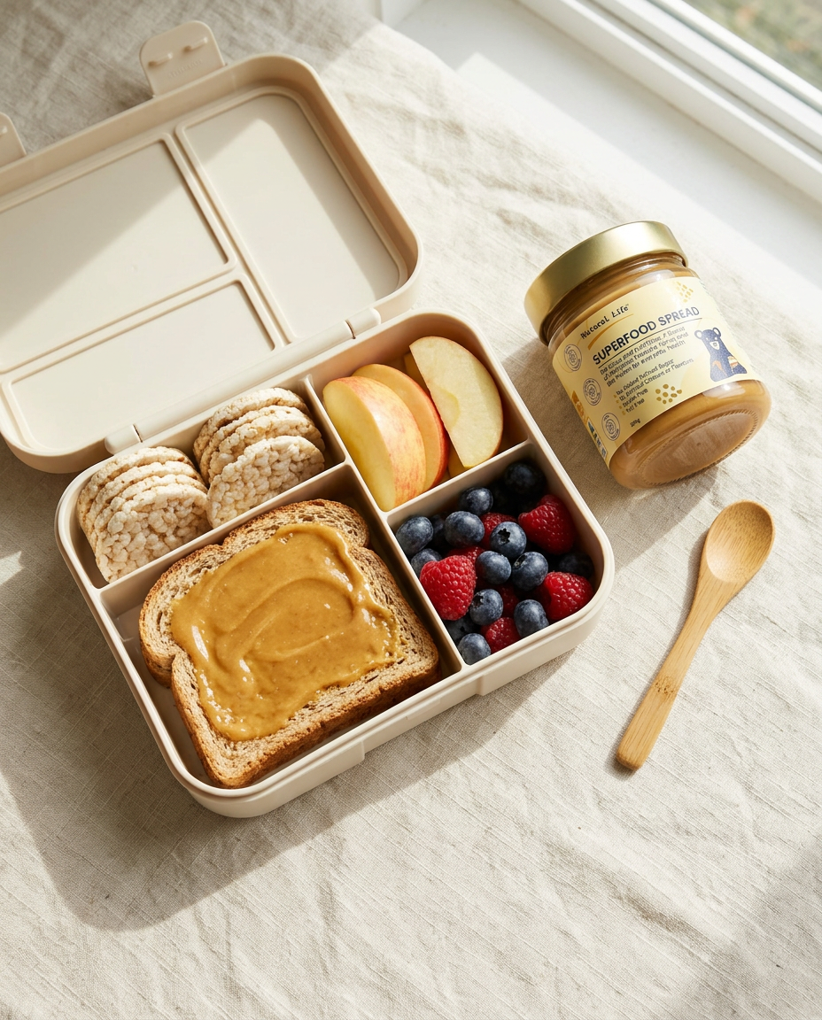 Open school lunchbox with rice crackers and a sandwich spread with Superfood Spread