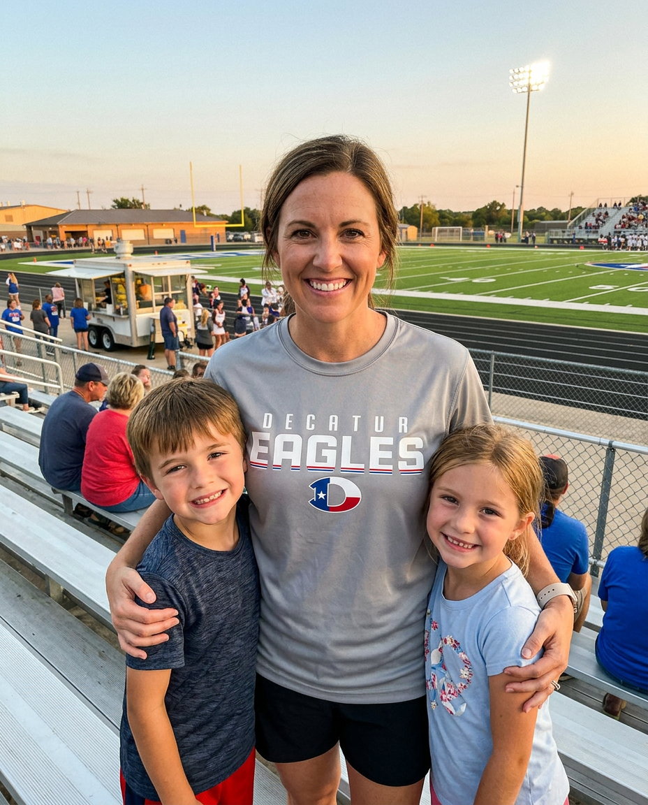 Mom and kids cheering in the bleachers at a Friday night football game