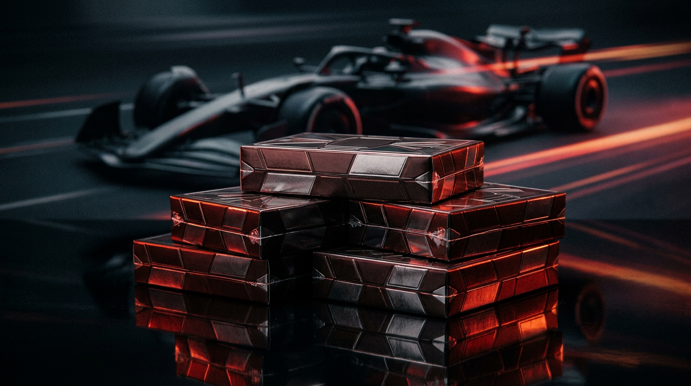 Sealed chrome trading card boxes lit in red and orange with a Formula 1 car in the background