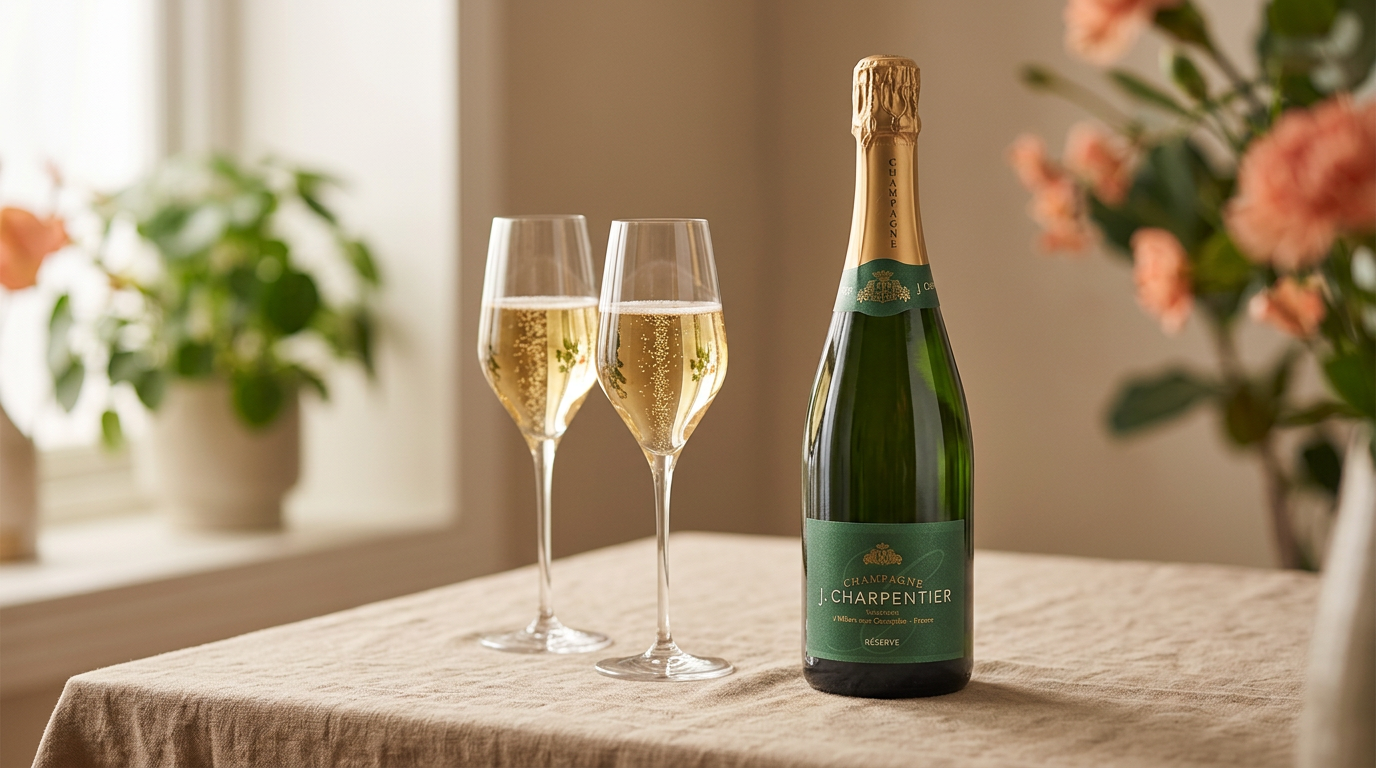 A bottle of J. Charpentier Brut Réserve Champagne beside two flutes of golden Champagne on a linen tablecloth