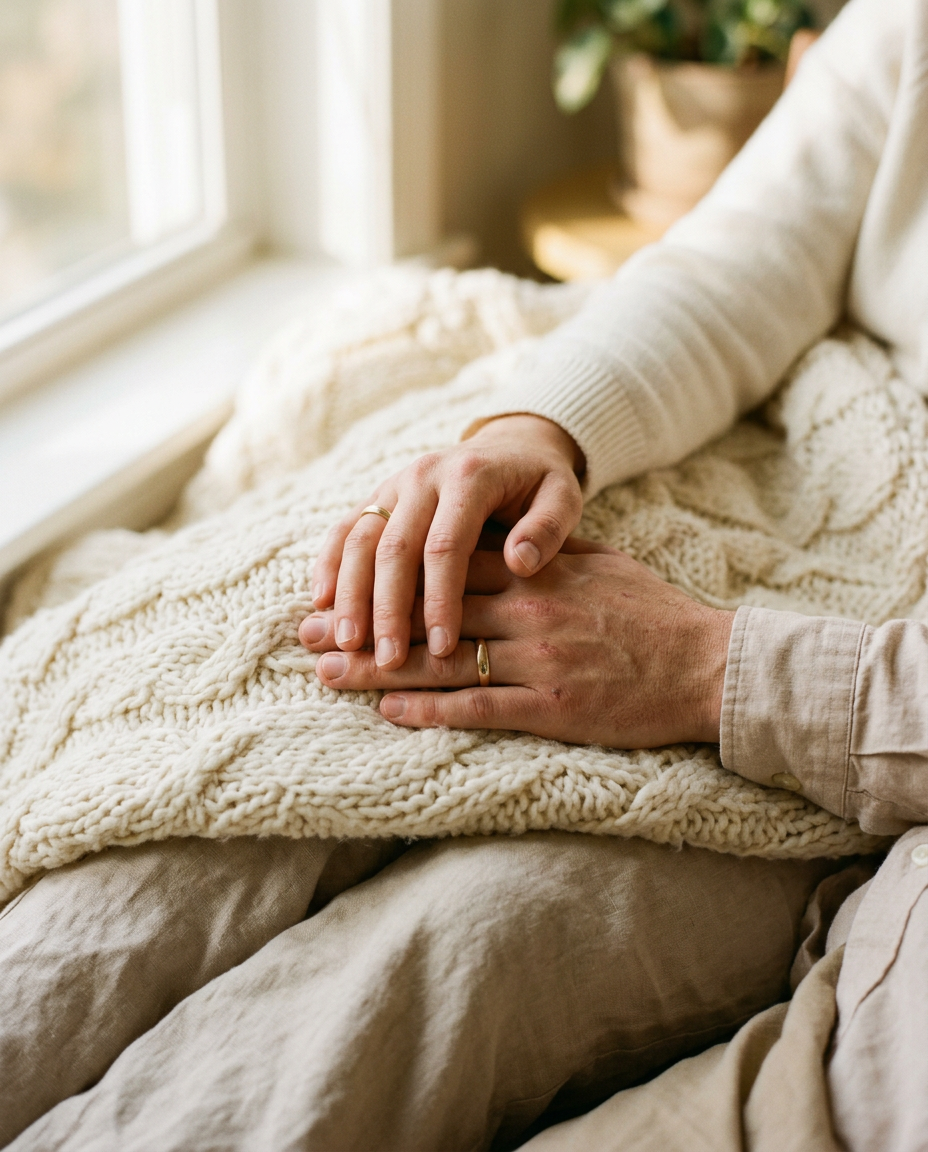 A couple's hands gently intertwined on a cream knit blanket