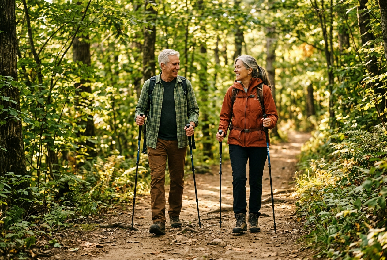 Couple in their sixties hiking a forest trail together