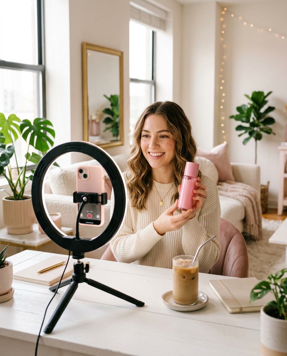 UGC creator filming a skincare product video with her phone on a ring light