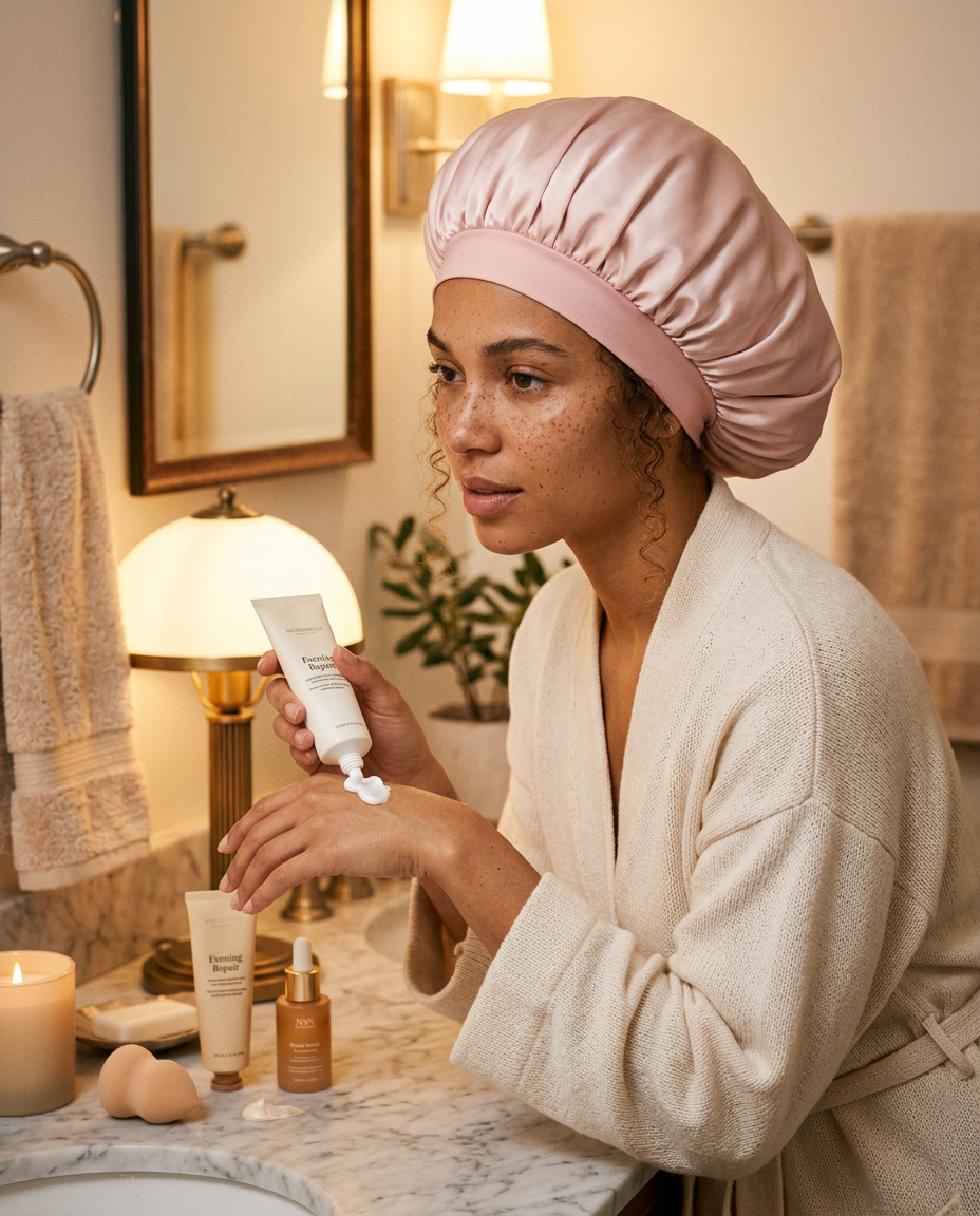 Mixed-race woman with freckles wearing the Blush Classic Satin Bonnet during her evening skincare routine