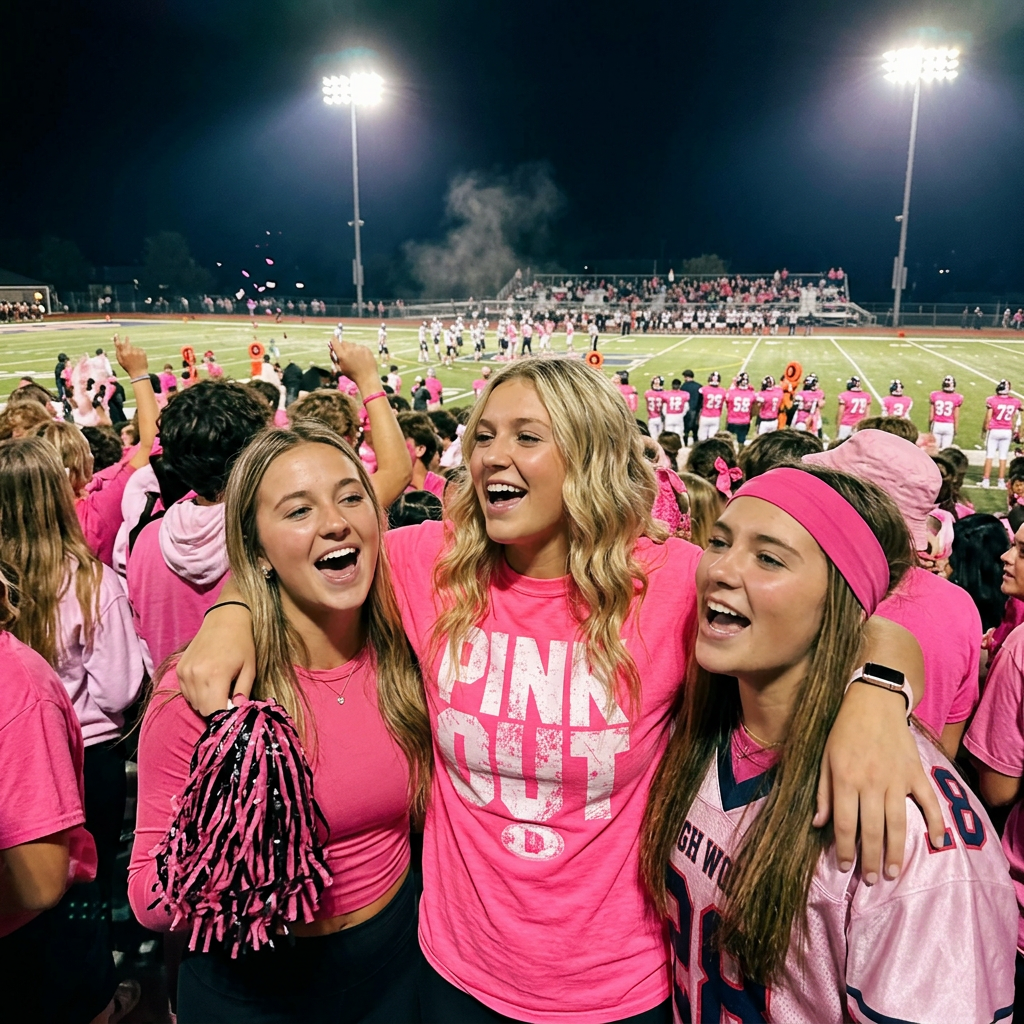Friends in the student section at a Pink Out football game