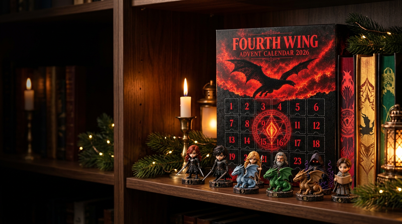 The Fourth Wing advent calendar on a candlelit bookshelf surrounded by rider and dragon figures
