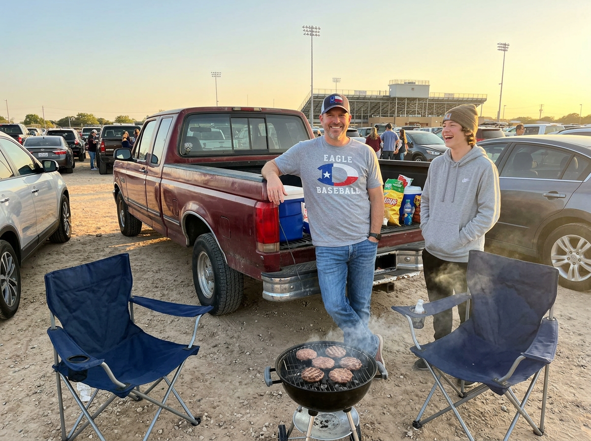 Dad and son tailgating beside a pickup before kickoff