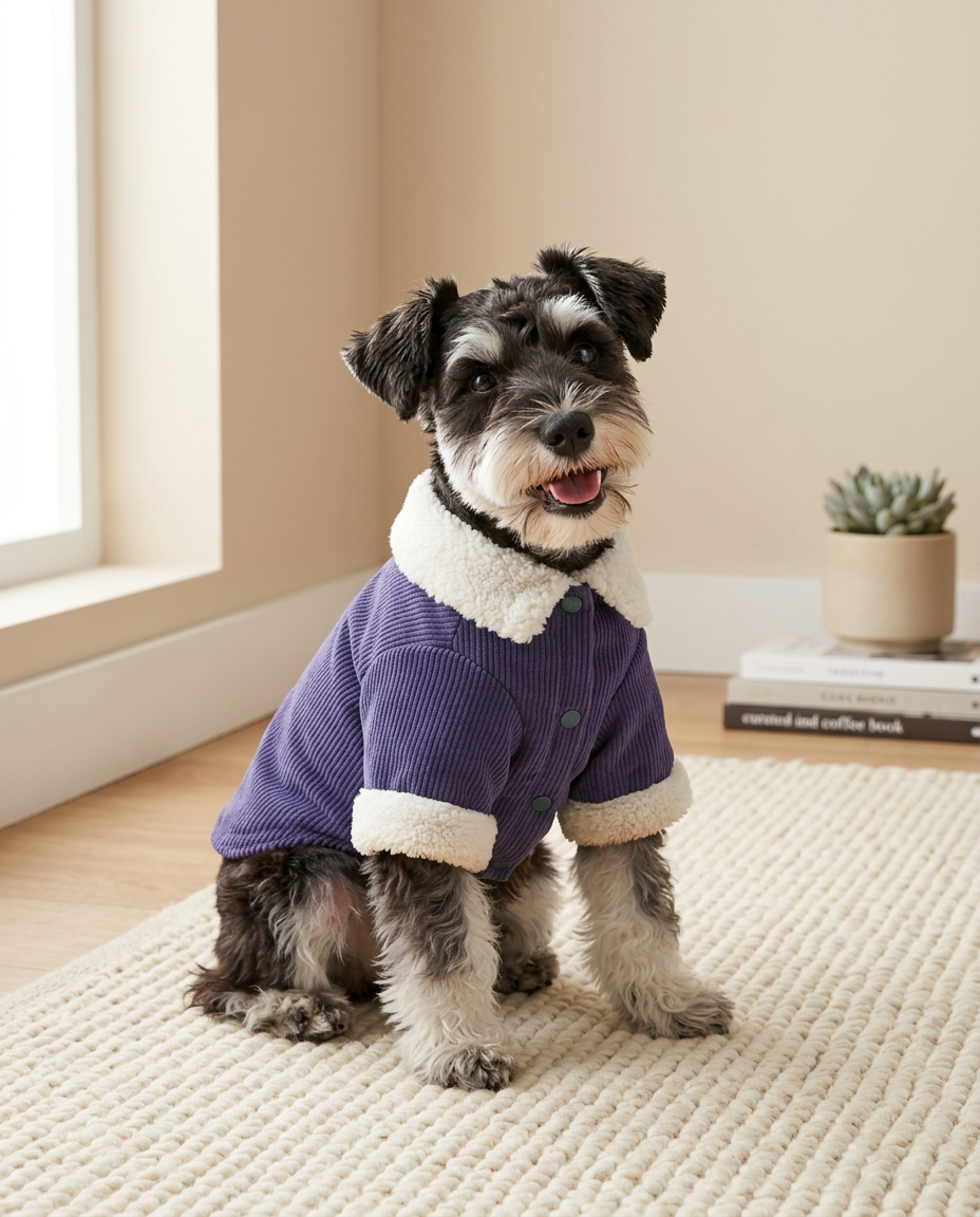 A happy fluffy dog wearing a warm corduroy jacket on a cream rug