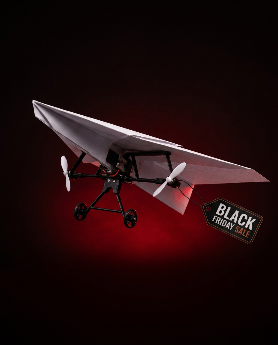 RC paper airplane with twin propellers lit by a red glow