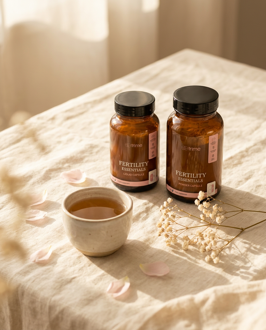 Two amber bottles of Trime Fertility Essentials on a linen tablecloth beside a cup of tea and dried flowers in soft morning light