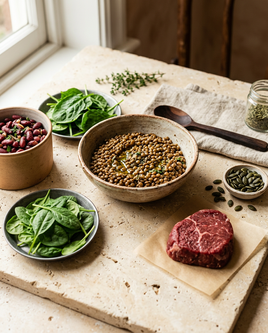 Iron-rich foods: lentils, spinach, beans, beef and pumpkin seeds