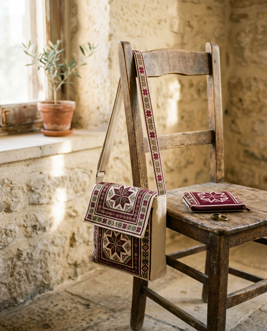 Embroidered tatreez shoulder bag hanging from a wooden chair in a sunlit limestone room
